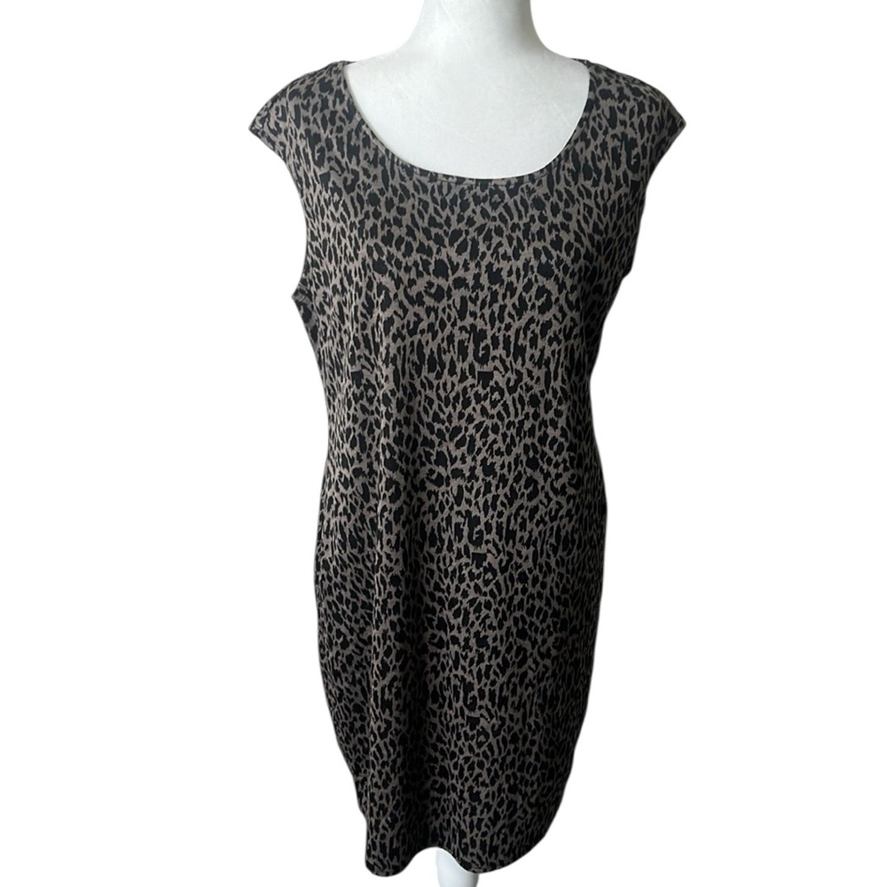 NWT Nine West Black Tan Sleeveless Jersey Knit Animal Print Dress Large Reg. $50